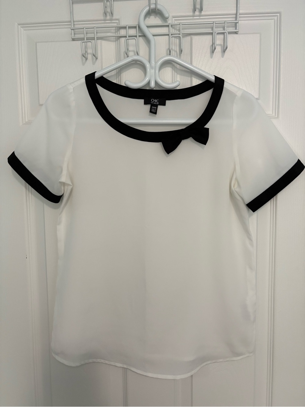 Jacob White Short Sleeve Blouse with Black Trim and Bow